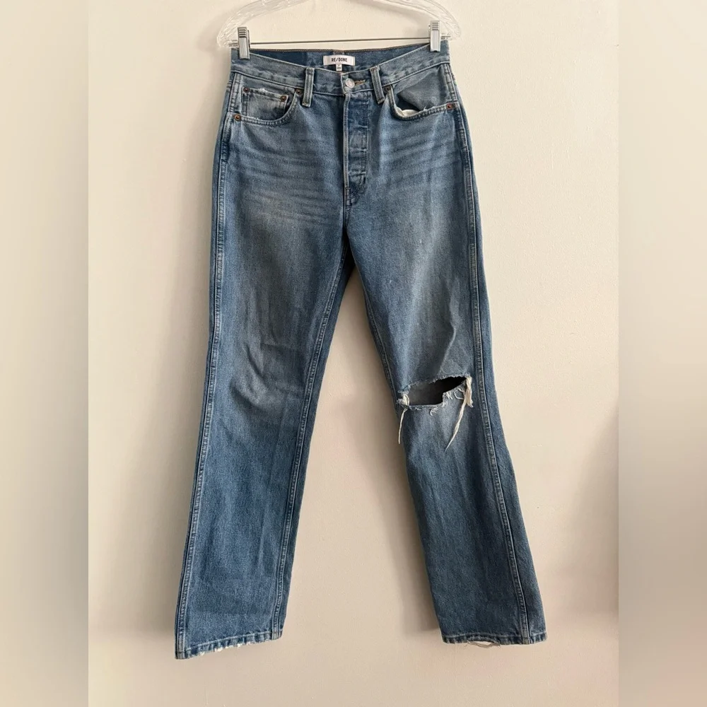 RE/DONE 90s High Rise Straight Jeans Distressed Knee Vintage Wash Denim Size 27 - Picture 2 of 13